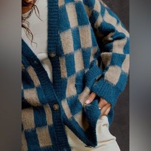 Daydreamer Oversized Plaid Mohair Cardigan in Midnight Tide Size S